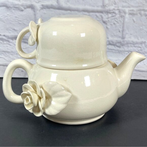 Stacked Ceramic Pottery Teapot Cup Set Paper Windows USA Floral Rose Cream VTG - Picture 1 of 16